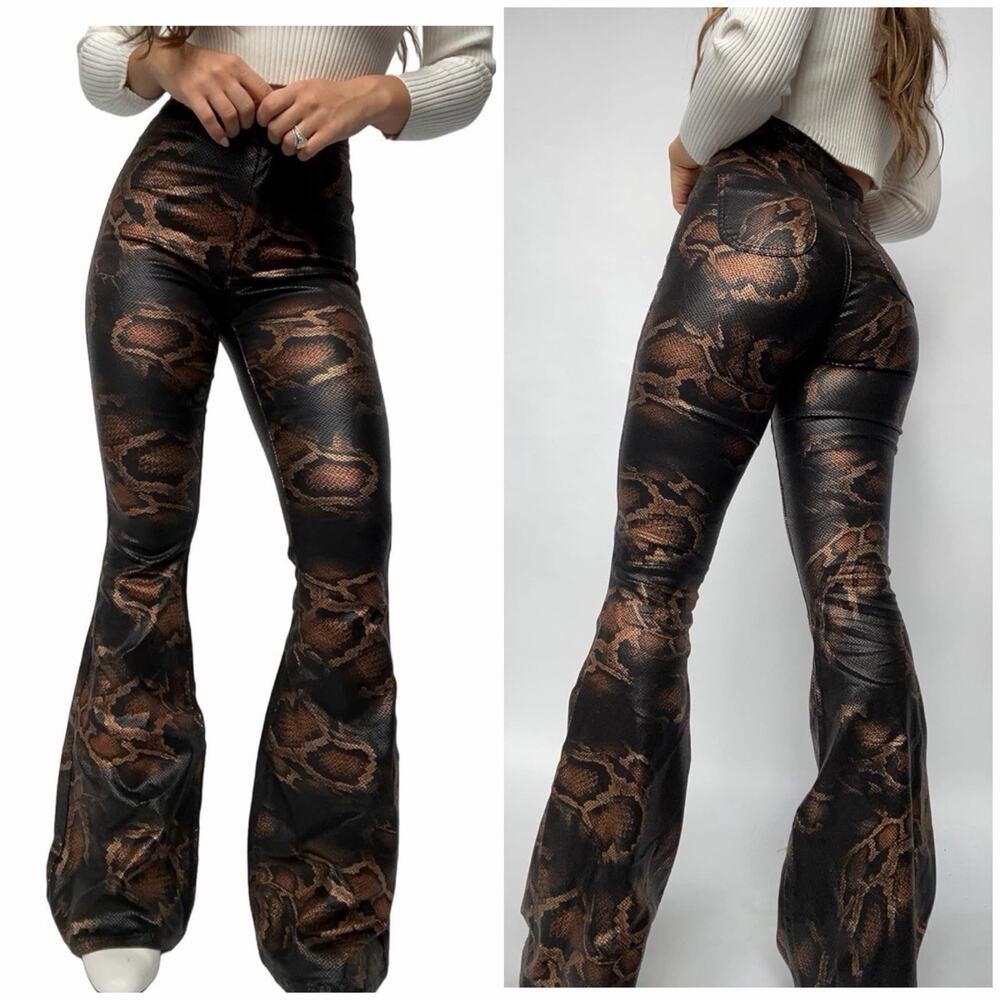 Willow Boutique XL Brown Snake Print Flare Pants High Rise Stretch Bell Bottom - Picture 5 of 10